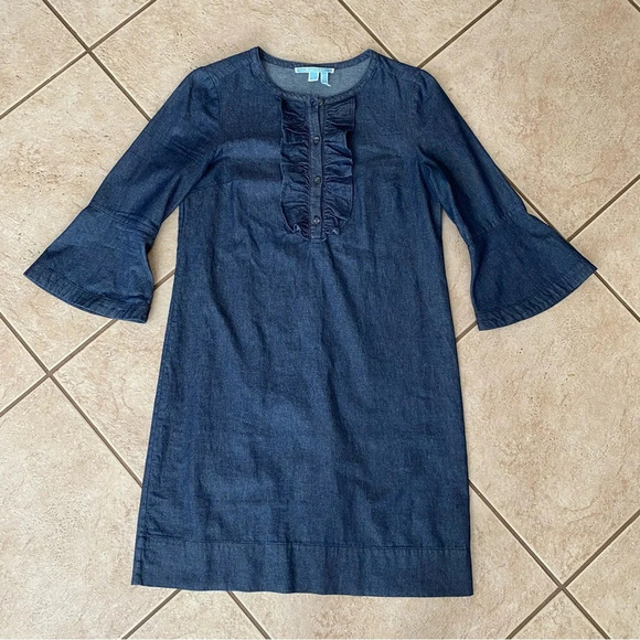 Draper James Womens Size 2 Chambray Denim Shift Dress Ruffle 3/4 Bell Sleeves - Picture 8 of 13